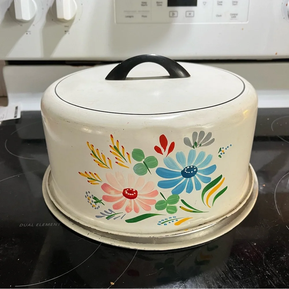 50s Vintage Aluminum Covered Cake Plate painted floral white rainbow